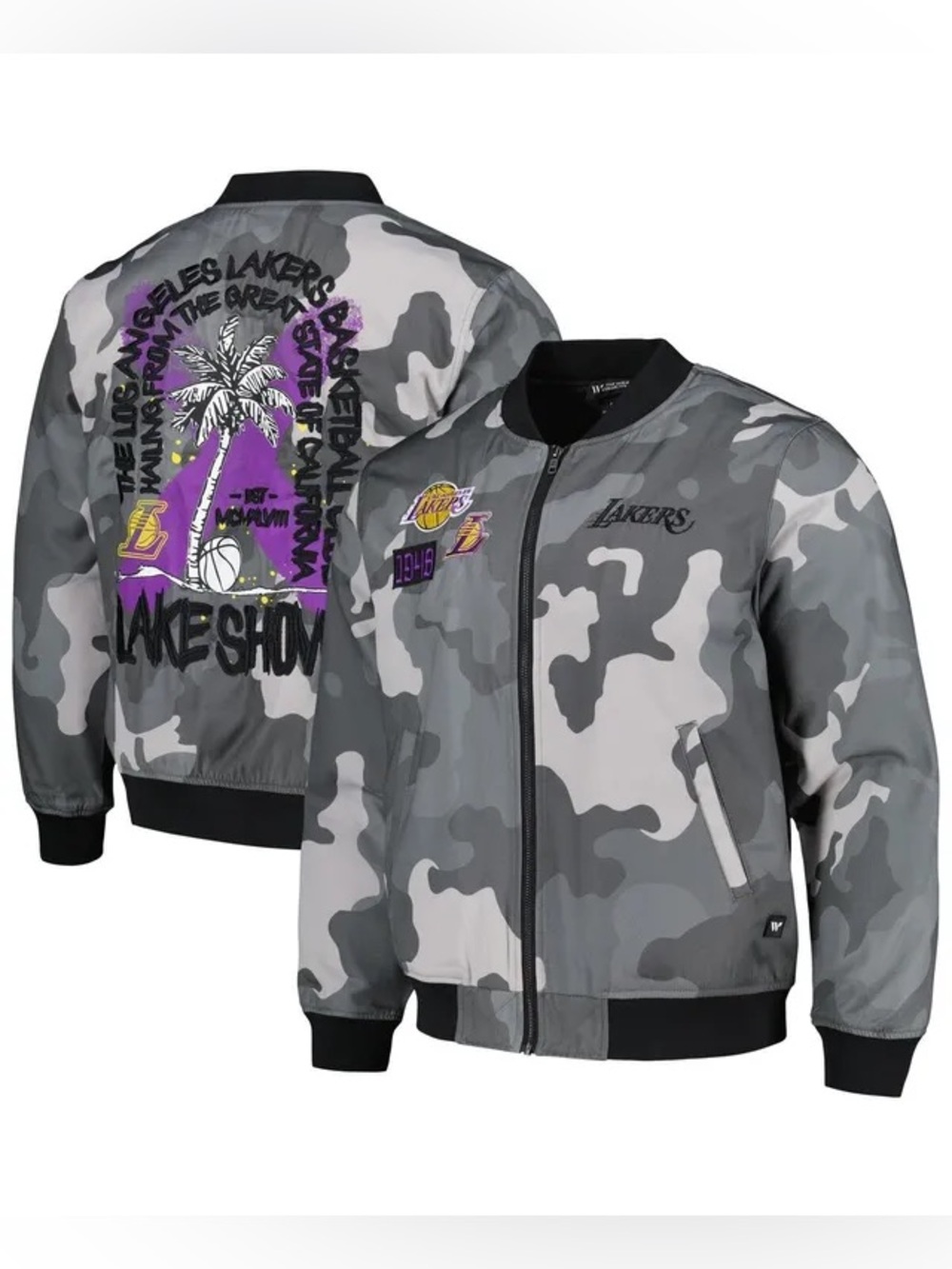 The Wild Collective Gray LA Lakers 2023/24 City Edition Camo Bomber Jacket Small